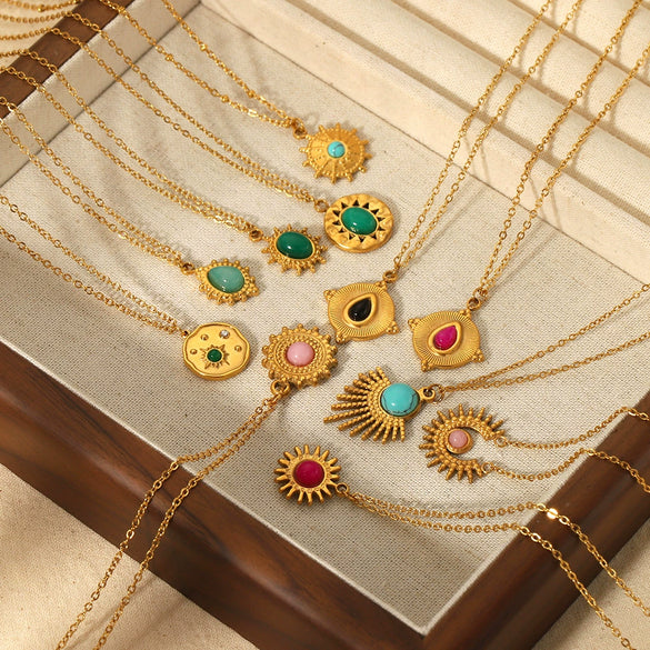 Wholesale Jewelry Stainless Steel Geometric Mixed Gemstone Setting Electroplated O Word Chain Necklace For Women