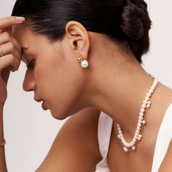 Wholesale Jewelry Stainless Steel Geometric Pearl Earrings With Electroplating For Women Natural Style