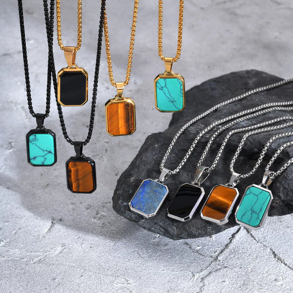 Wholesale Jewelry Stainless Steel Geometric Rectangular Turquoise Tiger Eye Lapis Pendant Necklace For Men Electroplated