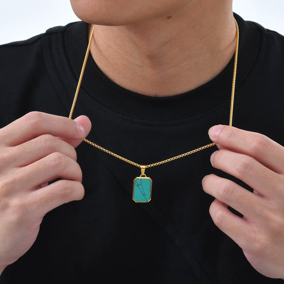 Wholesale Jewelry Stainless Steel Geometric Rectangular Turquoise Tiger Eye Lapis Pendant Necklace For Men Electroplated