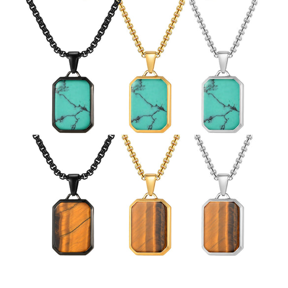 Wholesale Jewelry Stainless Steel Geometric Rectangular Turquoise Tiger Eye Lapis Pendant Necklace For Men Electroplated