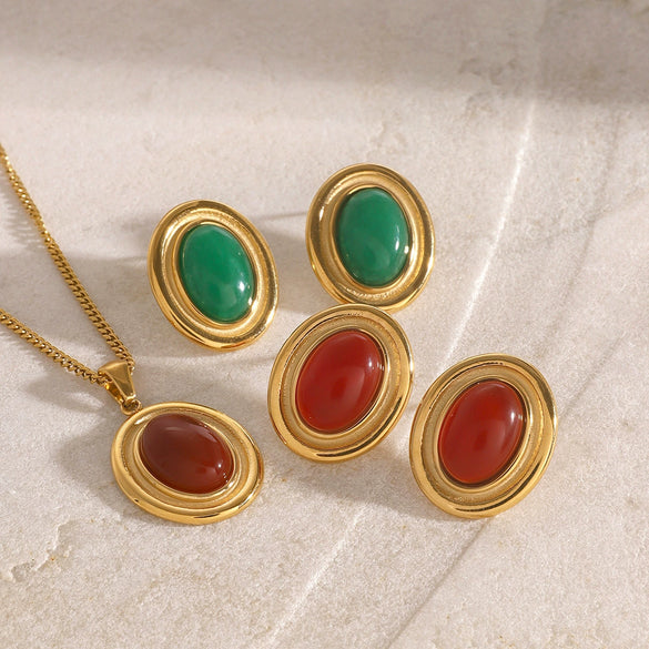 Wholesale Jewelry Stainless Steel Geometric Red Agate Electroplated Necklace And Earrings For Women