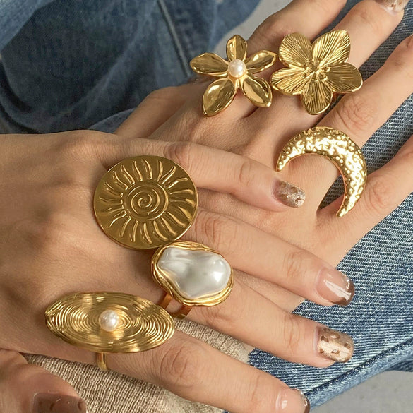 Wholesale Jewelry Stainless Steel Geometric Retro Exaggerated Flower Star Moon Pearl Ring Electroplated