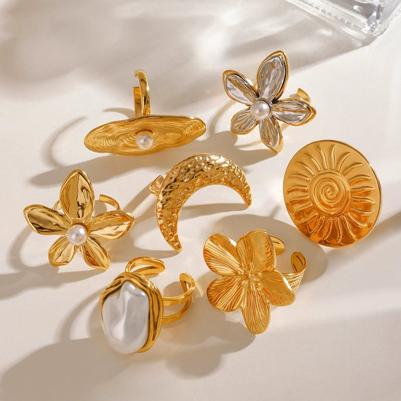 Wholesale Jewelry Stainless Steel Geometric Retro Exaggerated Flower Star Moon Pearl Ring Electroplated