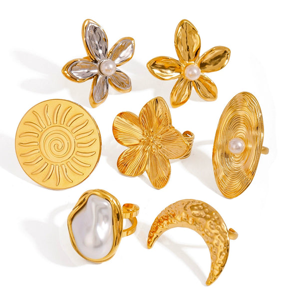 Wholesale Jewelry Stainless Steel Geometric Retro Exaggerated Flower Star Moon Pearl Ring Electroplated