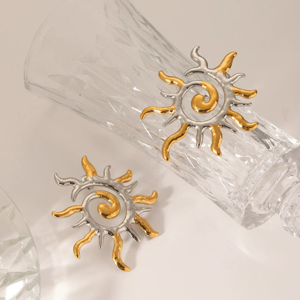 Wholesale Jewelry Stainless Steel Geometric Rotating Thread Sun Earrings Electroplated Light Luxury Style For Women