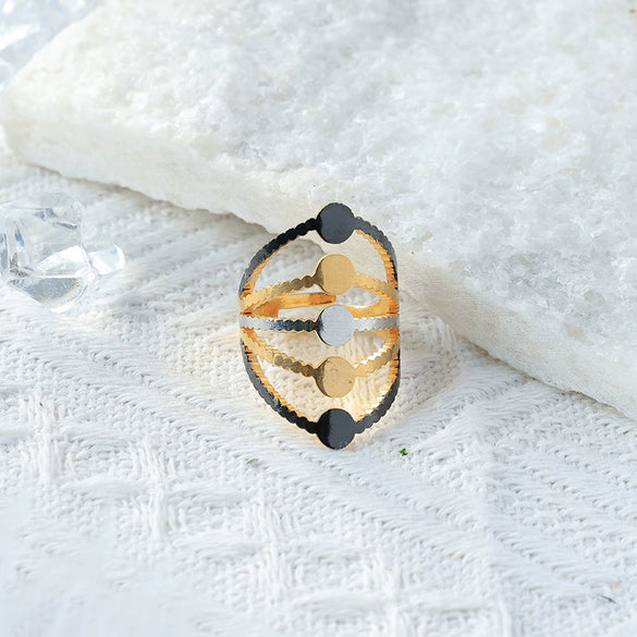 Wholesale Jewelry Stainless Steel Geometric Round Hollow Wide Face Ring Electroplated Retro Style Unisex
