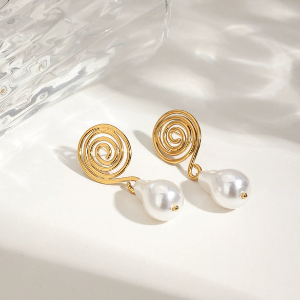 Wholesale Jewelry Stainless Steel Geometric Spiral Imitation Pearl Pendant Earrings With Electroplating For Women