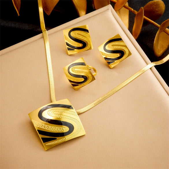 Wholesale Jewelry Stainless Steel Geometric Square Gold Plated Electroplated Ring Earring Necklace Set For Women