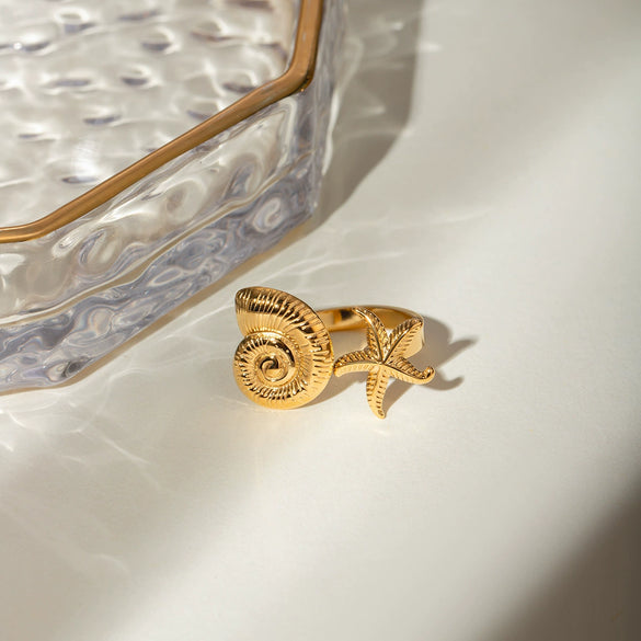 Wholesale Jewelry Stainless Steel Geometric Starfish Conch Opening Ring Electroplated Ocean Series