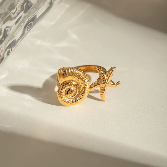 Wholesale Jewelry Stainless Steel Geometric Starfish Conch Opening Ring Electroplated Ocean Series