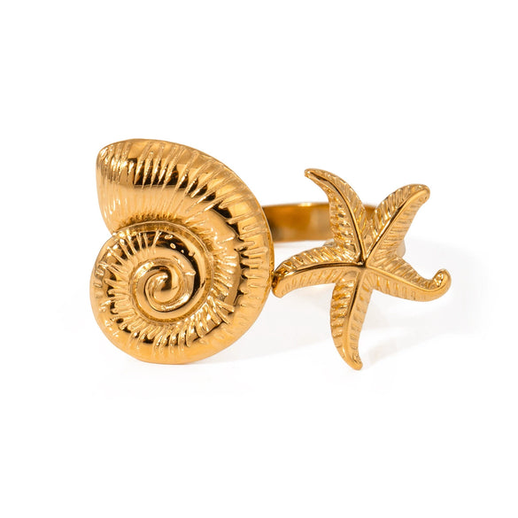 Wholesale Jewelry Stainless Steel Geometric Starfish Conch Opening Ring Electroplated Ocean Series
