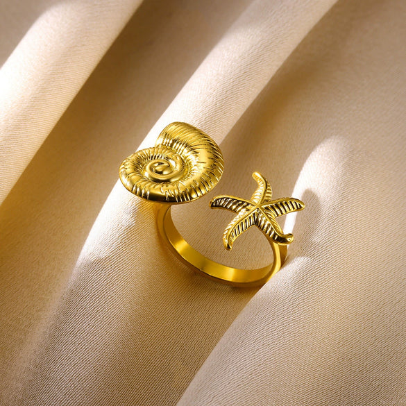 Wholesale Jewelry Stainless Steel Geometric Starfish Conch Opening Ring With Electroplating For Vacation Style