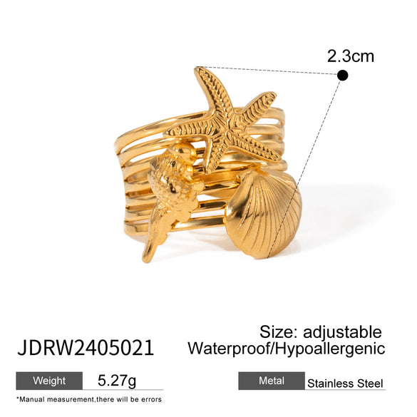Wholesale Jewelry Stainless Steel Geometric Starfish Conch Shell Open Ring Electroplated