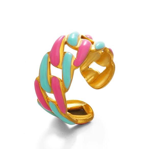 Wholesale Jewelry Stainless Steel Geometric Style Color Oil Dropping Chain Opening Ring Hip Hop Spring Jewelry For Women