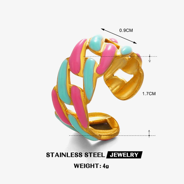 Wholesale Jewelry Stainless Steel Geometric Style Color Oil Dropping Chain Opening Ring Hip Hop Spring Jewelry For Women