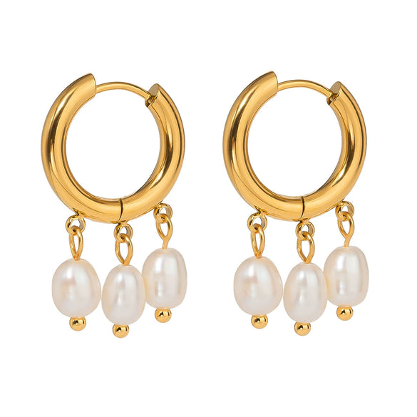 Wholesale Jewelry Stainless Steel Geometric Style Electroplated Women's Earrings With Three White Freshwater Pearls