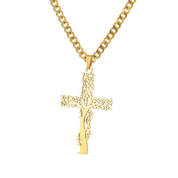 Wholesale Jewelry Stainless Steel Geometric Tree Of Life Cross Electroplated Pendant Necklace Unisex