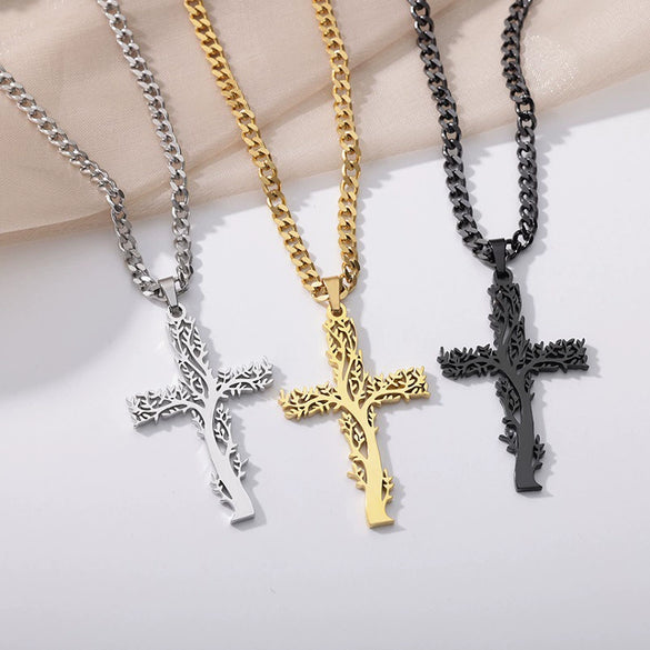Wholesale Jewelry Stainless Steel Geometric Tree Of Life Cross Electroplated Pendant Necklace Unisex