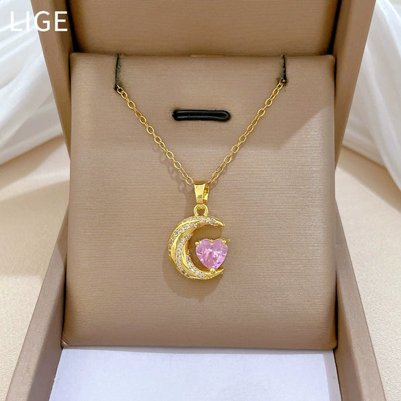 Wholesale Jewelry Stainless Steel Geometric Twisted Moon Pendant Necklace Unisex