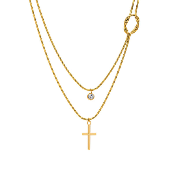 Wholesale Jewelry Stainless Steel Geometric Ushaped Doublelayer Knotted Necklace With Zircon Pendant Electroplated