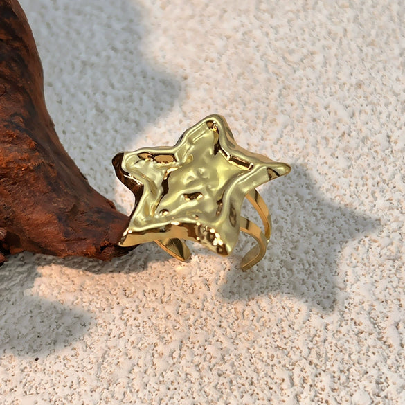 Wholesale Jewelry Stainless Steel Gold Plated Heart Pentagonal Star Opening Ring Natural Geometric Design