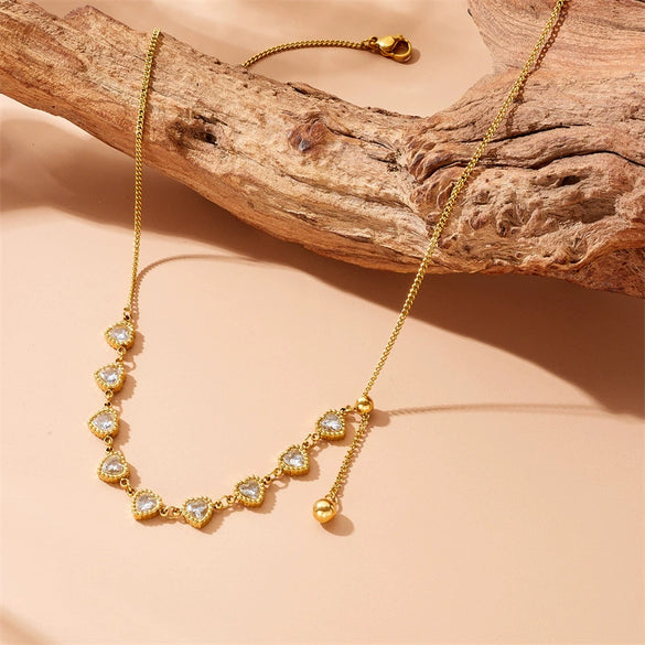 Wholesale Jewelry Stainless Steel Gold Plated Heart Shape Love Round Beads Long Tassel Chain Necklace