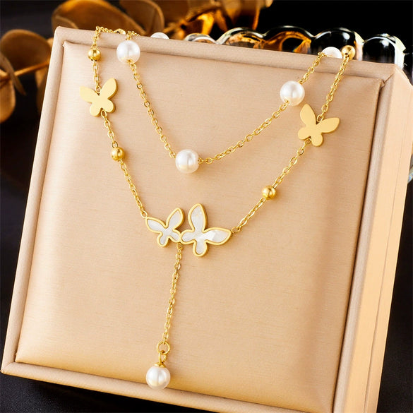 Wholesale Jewelry Stainless Steel Gold Plated Pearl Butterfly Chain Necklace Retro Simple Double Layer Stacked Fashion
