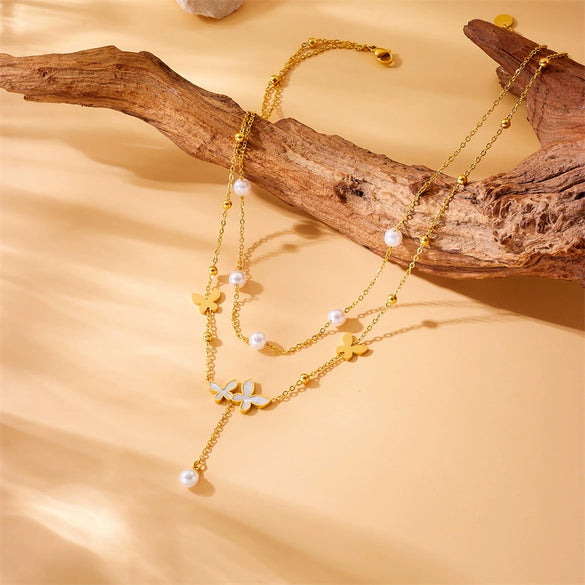 Wholesale Jewelry Stainless Steel Gold Plated Pearl Butterfly Chain Necklace Retro Simple Double Layer Stacked Fashion