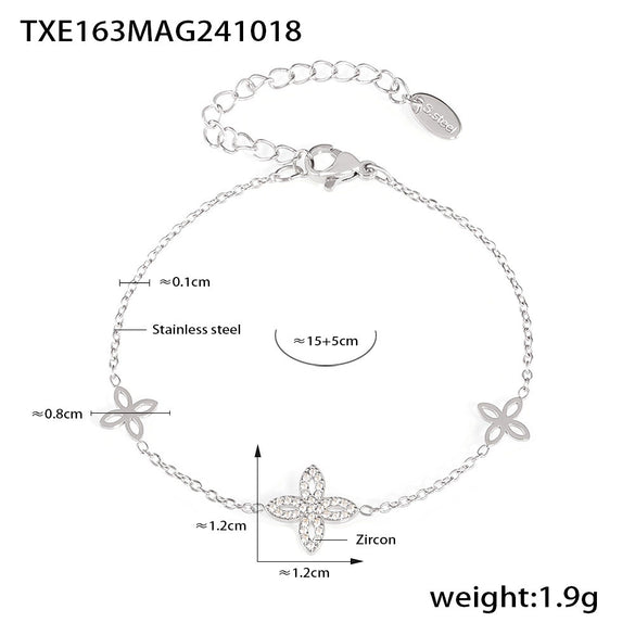 Wholesale Jewelry Stainless Steel Gold Plated Zircon Fourleaf Flower Doublelayer Necklace And Bracelet Set For Women