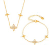 Wholesale Jewelry Stainless Steel Gold Plated Zircon Fourleaf Flower Doublelayer Necklace And Bracelet Set For Women