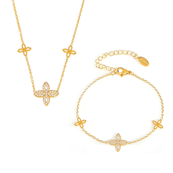 Wholesale Jewelry Stainless Steel Gold Plated Zircon Fourleaf Flower Doublelayer Necklace And Bracelet Set For Women