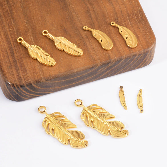 Wholesale Jewelry Stainless Steel Golden Feather Leaves Pendant Electroplated Accessories Necklace Earrings
