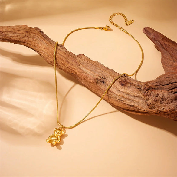 Wholesale Jewelry Stainless Steel Goldplated Cartoon Cute Bear Pendant Earrings And Necklace Twopiece Set