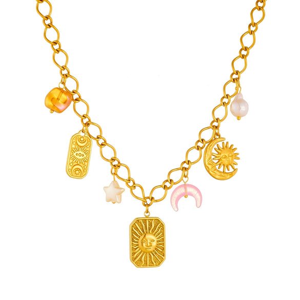 Wholesale Jewelry Stainless Steel Goldplated Geometric Embossed Sun And Moon Clavicle Chain For Women