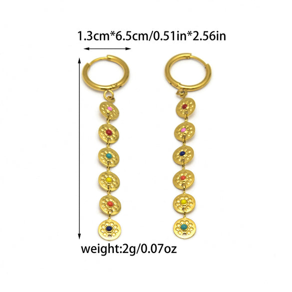 Wholesale Jewelry Stainless Steel Goldplated Geometric Oildrip Round Tassel Drape Earrings For Women