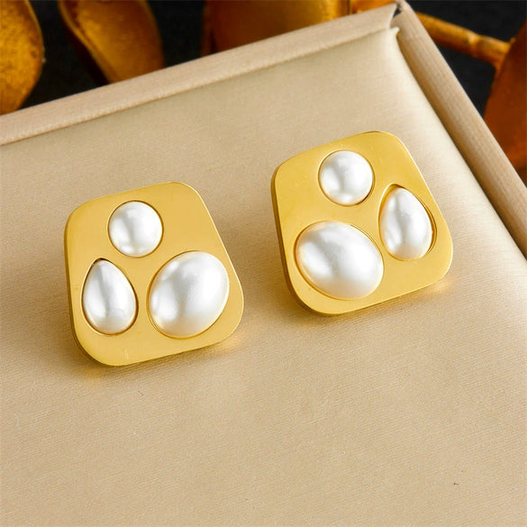 Wholesale Jewelry Stainless Steel Goldplated Irregular Geometric Pearl Pendant Threepiece Set For Women