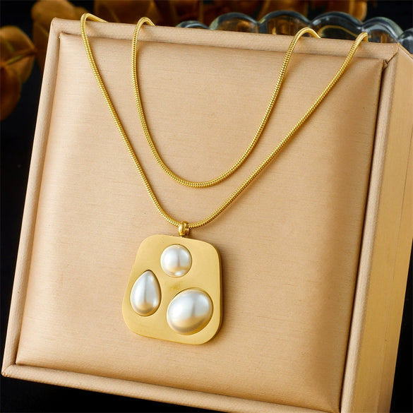 Wholesale Jewelry Stainless Steel Goldplated Irregular Geometric Pearl Pendant Threepiece Set For Women