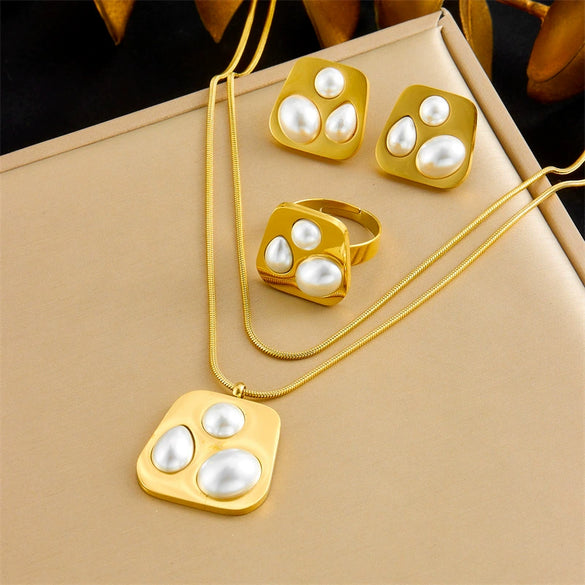 Wholesale Jewelry Stainless Steel Goldplated Irregular Geometric Pearl Pendant Threepiece Set For Women
