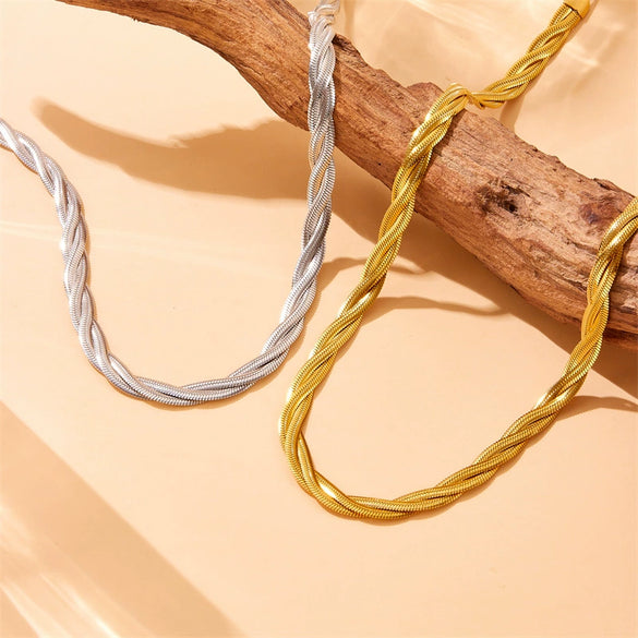 Wholesale Jewelry Stainless Steel Goldplated Woven Twist Chain Necklace With Vacuum Plating And Fashion Style
