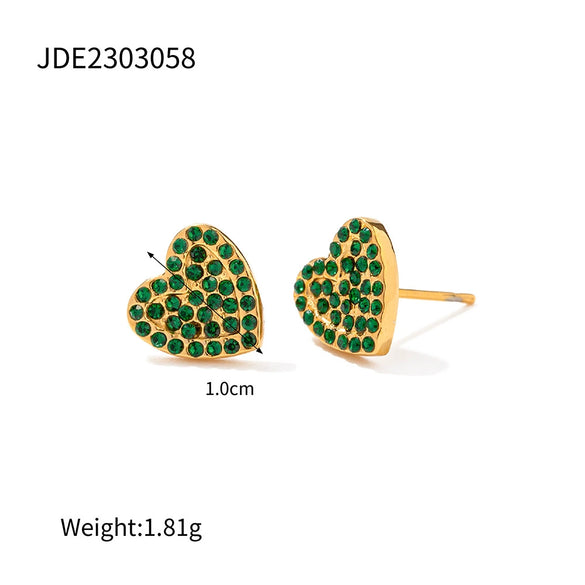 Wholesale Jewelry Stainless Steel Green Diamond Geometric Heart Style Electroplating Women's Ring And Earrings