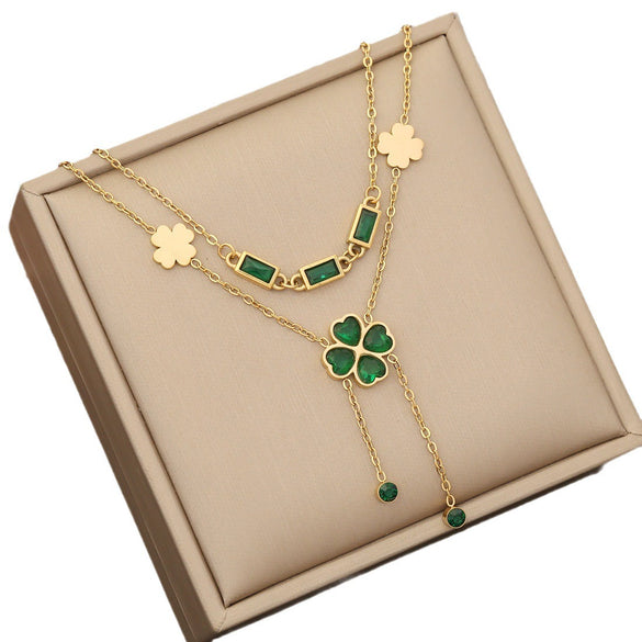 Wholesale Jewelry Stainless Steel Heart Fashion Double Chain Long Tassel Necklace With Electroplating