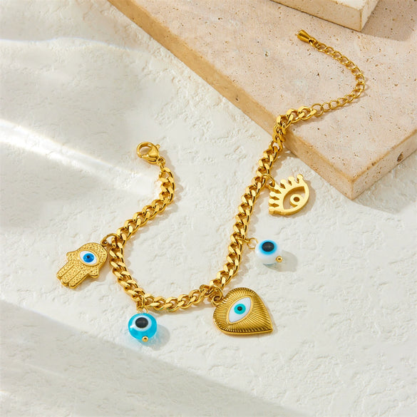 Wholesale Jewelry Stainless Steel Heart Shape Pendant Bracelet With Cartoon Oil Drop Devil's Eye Love Design And Electroplating For Women