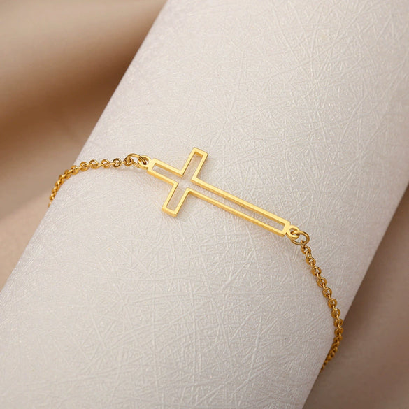 Wholesale Jewelry Stainless Steel Hollow Cross Unisex Bracelet With Letters Numbers Text Electroplating