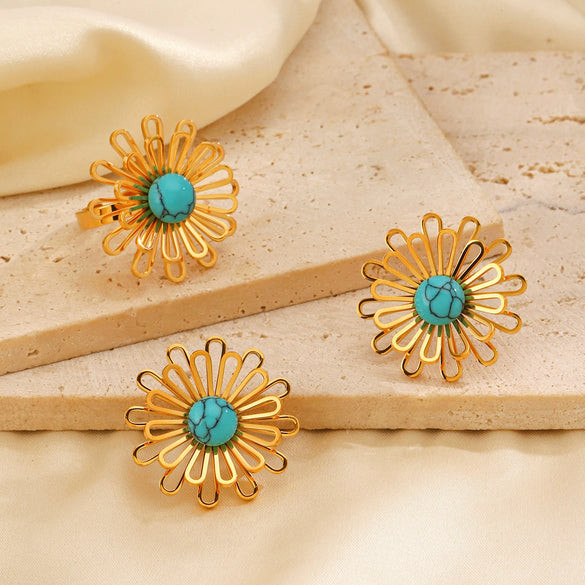 Wholesale Jewelry Stainless Steel Hollow Flower Electroplating Women's Plant Flowers Style Earrings Ring