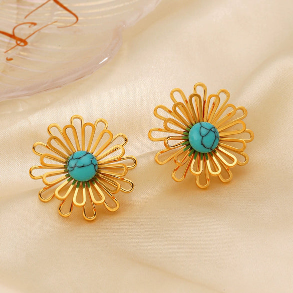 Wholesale Jewelry Stainless Steel Hollow Flower Electroplating Women's Plant Flowers Style Earrings Ring