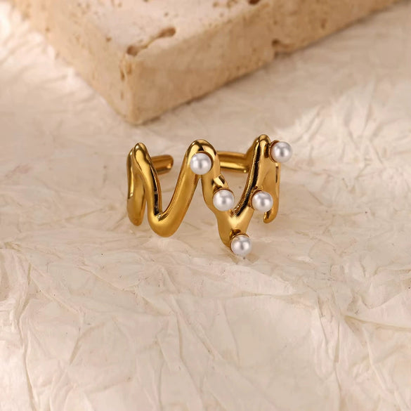Wholesale Jewelry Stainless Steel Imitation Pearl Bow Heart Shape Open Ring For Women Electroplated