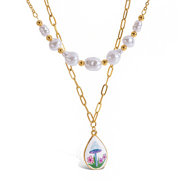 Wholesale Jewelry Stainless Steel Imitation Pearl Geometric Electroplating Necklace For Women
