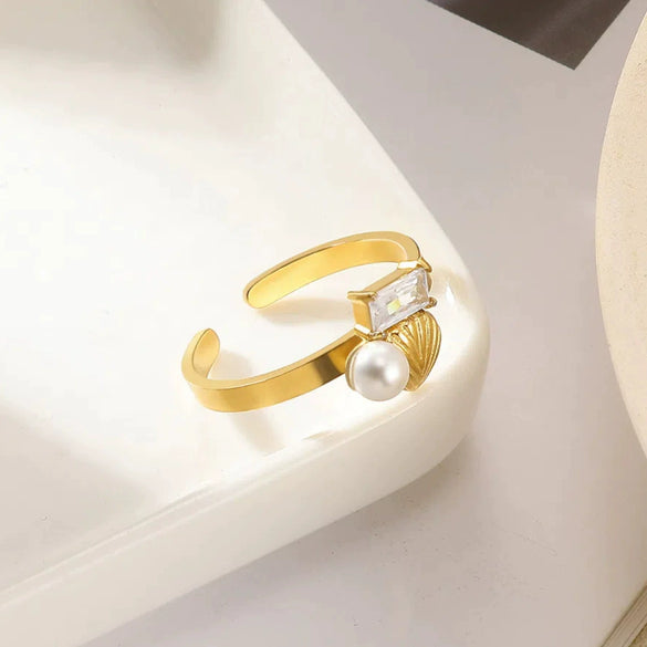 Wholesale Jewelry Stainless Steel Imitation Pearl Geometric Love Cross Open Ring With Electroplating And Retro Style