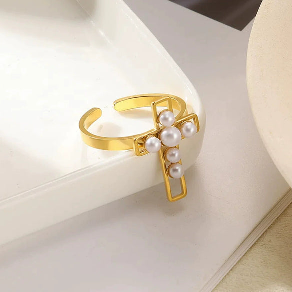 Wholesale Jewelry Stainless Steel Imitation Pearl Geometric Love Cross Open Ring With Electroplating And Retro Style